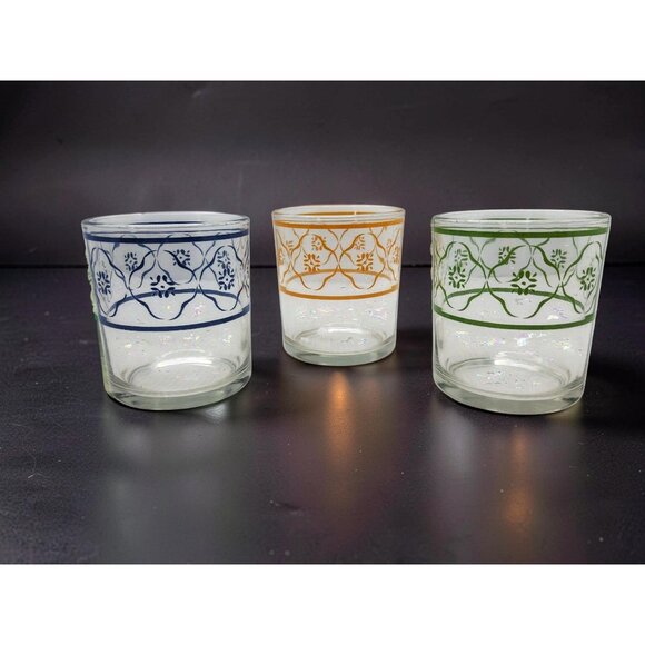 Vintage Floral Glass Votive Candle Holders Set Of 3, Blue Orange Green Accents - Picture 4 of 9